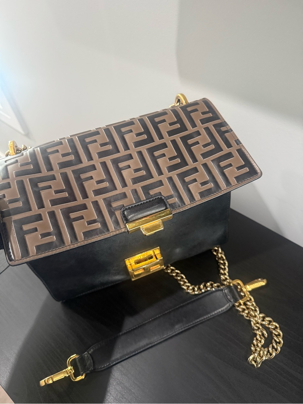 Fendi Black and Brown FF Logo Leather Shoulder Bag with Gold Hardware